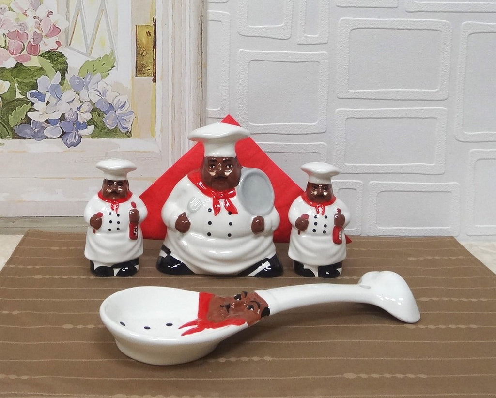 ACK Hand Painted Ceramic Pepper/Salt Shakers,Napkin Holder and Spoon Rest, Kitchen Décor, Table Top set