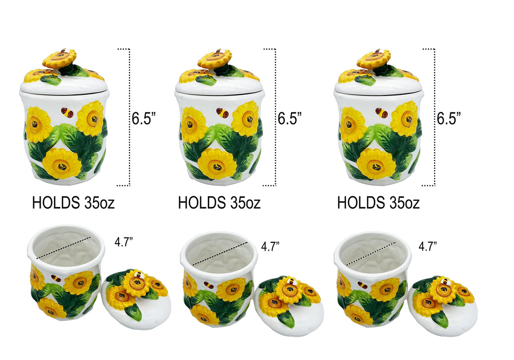 ACK 3PC Hand Painted Ceramic Canister, Kitchen Storage Jar, Food Storage Container, Airtight Storage Container With Rubber Seal for Coffee, Tea, Sugar, Flour
