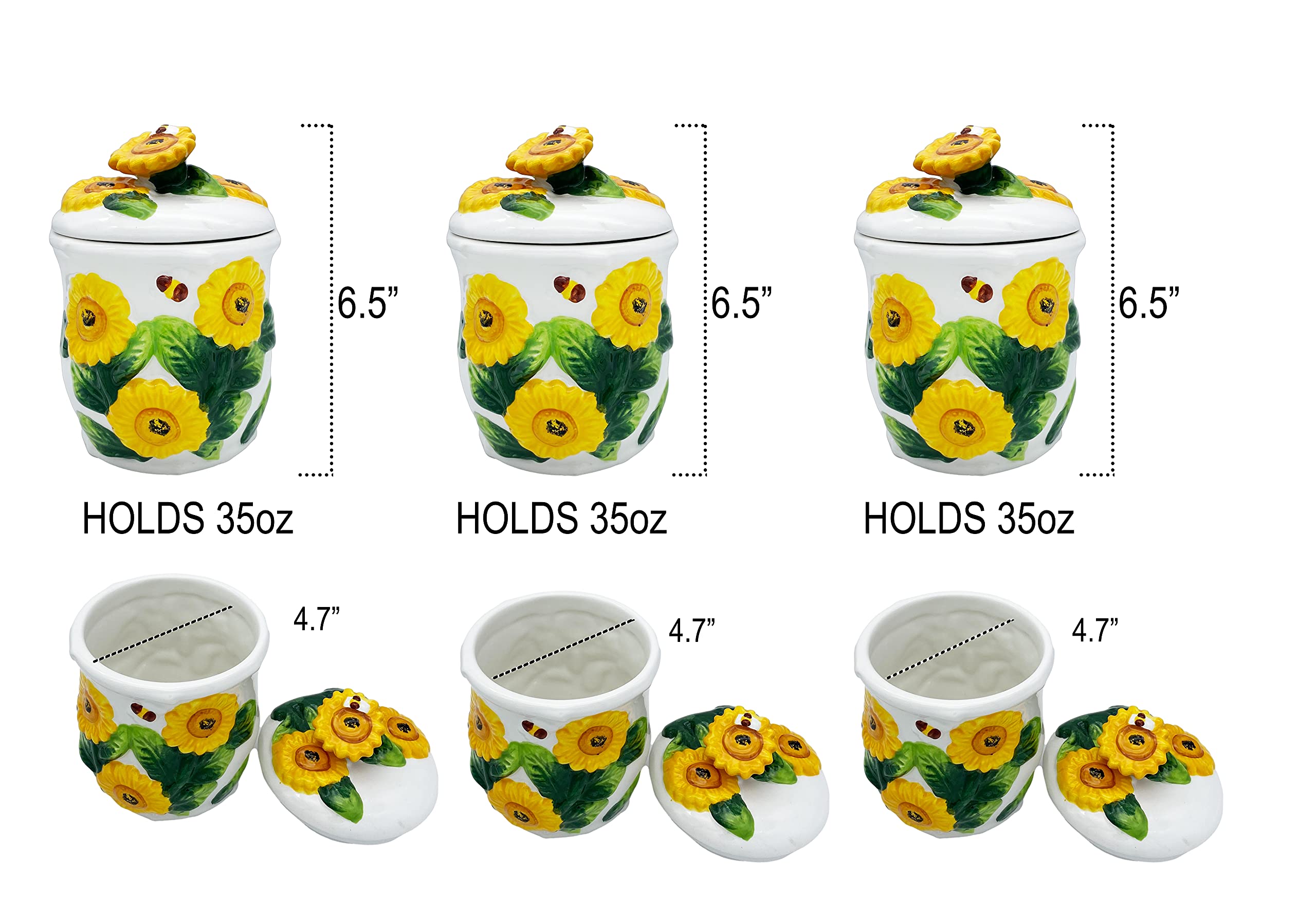 ACK 3PC Hand Painted Ceramic Canister, Kitchen Storage Jar, Food Storage Container, Airtight Storage Container With Rubber Seal for Coffee, Tea, Sugar, Flour