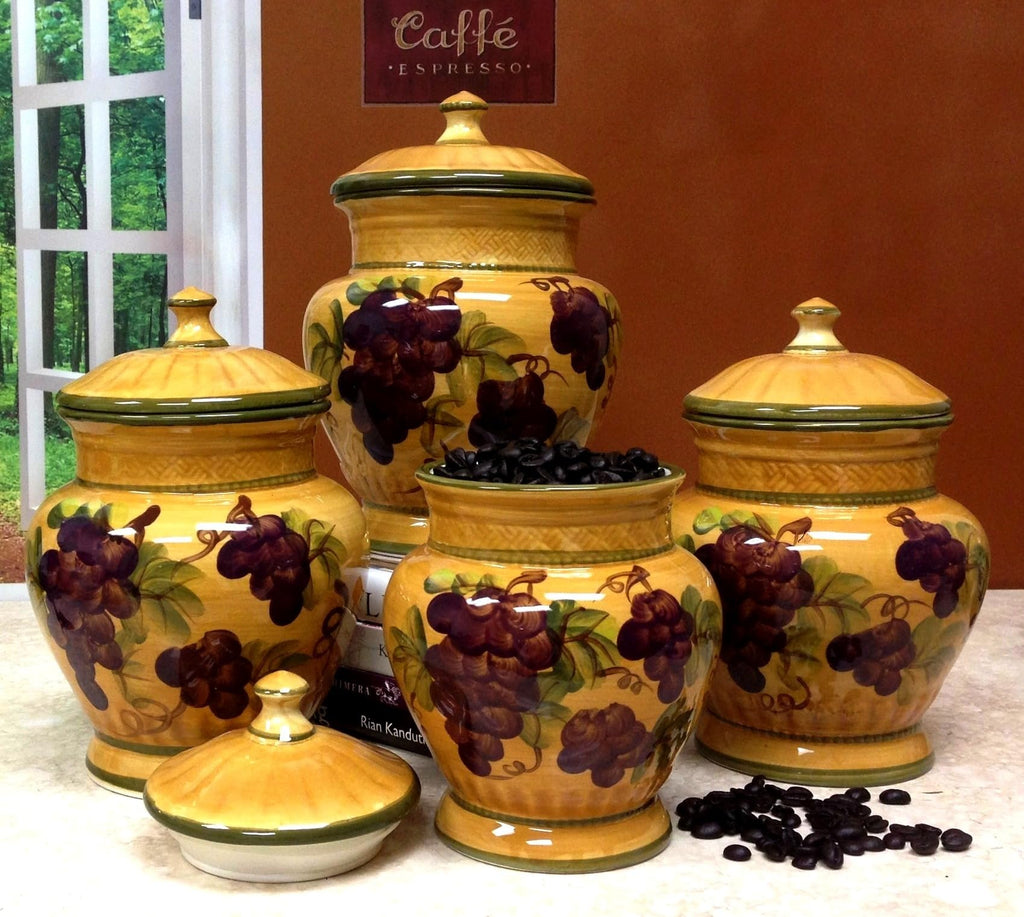 ACK 4PCs Hand Painted Ceramic Canister, Kitchen Storage Jar, Food Storage Container, Airtight Storage Container With Rubber Seal for Coffee, Tea, Sugar, Flour