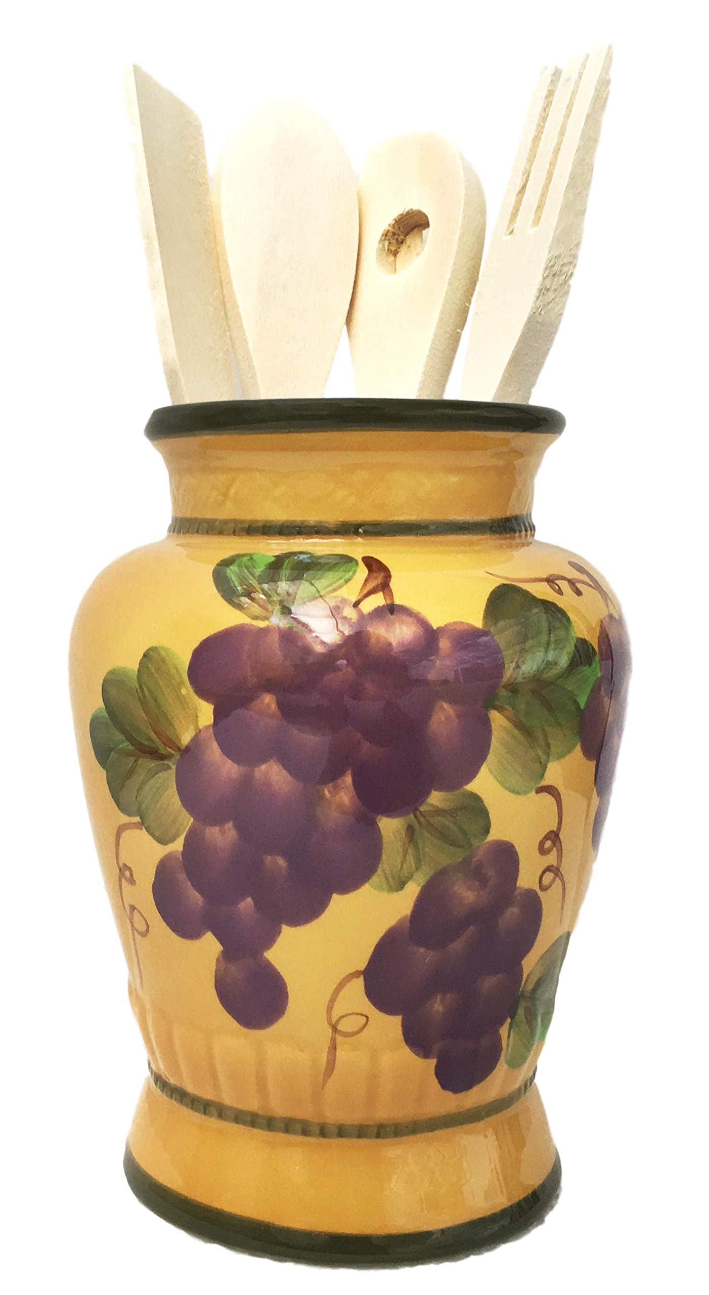 ACK Ceramic Hand Painted Tuscany Grape Decor Utensil Holder, Utensil Crock, Modern Kitchen Decor, Kitchen Storage with Tools