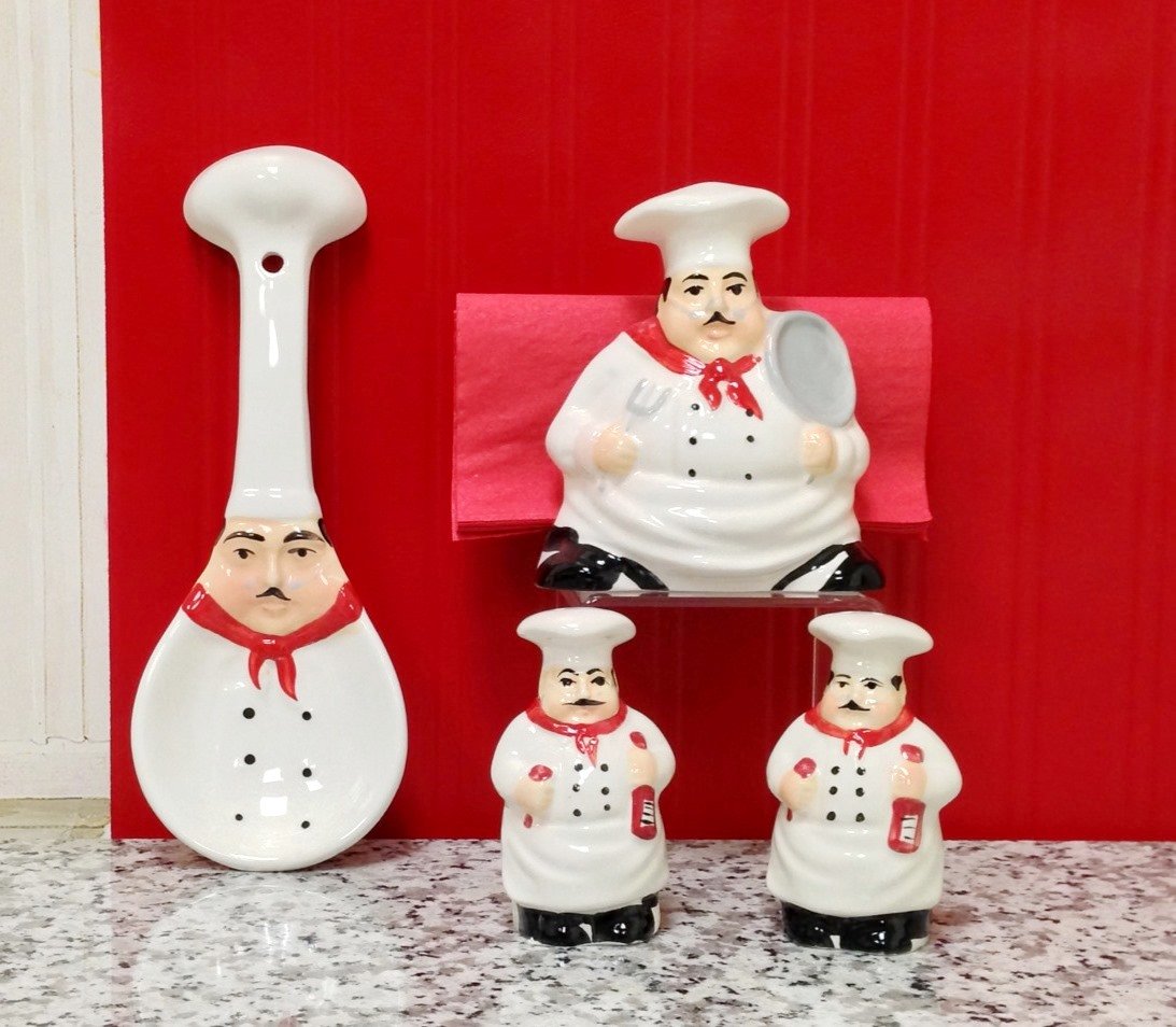ACK Hand Painted Ceramic Pepper/Salt Shakers,Napkin Holder and Spoon Rest, Kitchen Décor, Table Top set