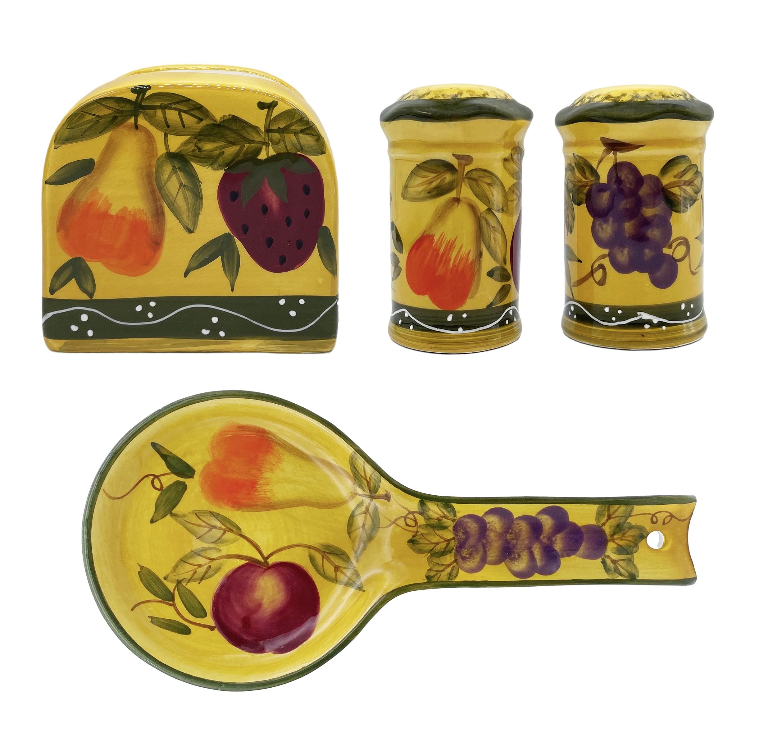 ACK Hand Painted Ceramic Pepper/Salt Shakers,Napkin Holder and Spoon Rest, Kitchen Décor, Table Top set