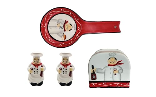 ACK Hand Painted Ceramic Pepper/Salt Shakers,Napkin Holder and Spoon Rest, Kitchen Décor, Table Top set