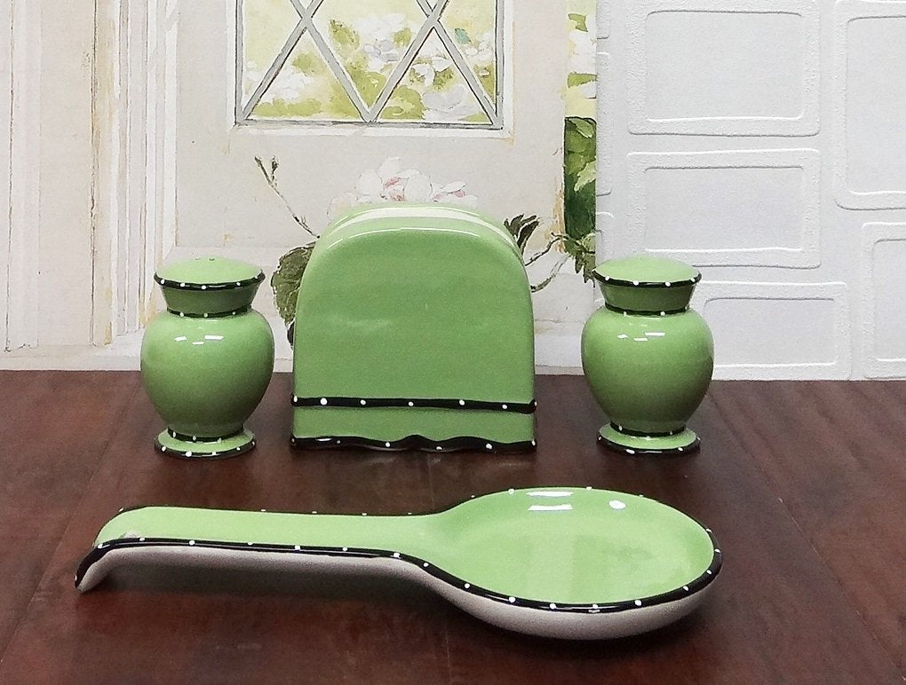 ACK Hand Painted Ceramic Pepper/Salt Shakers,Napkin Holder and Spoon Rest, Kitchen Décor, Table Top set