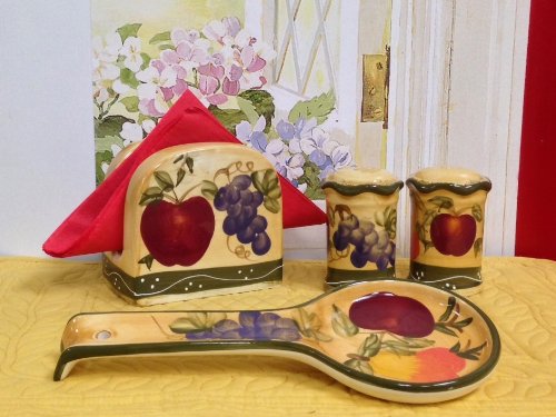 ACK Hand Painted Ceramic Pepper/Salt Shakers,Napkin Holder and Spoon Rest, Kitchen Décor, Table Top set