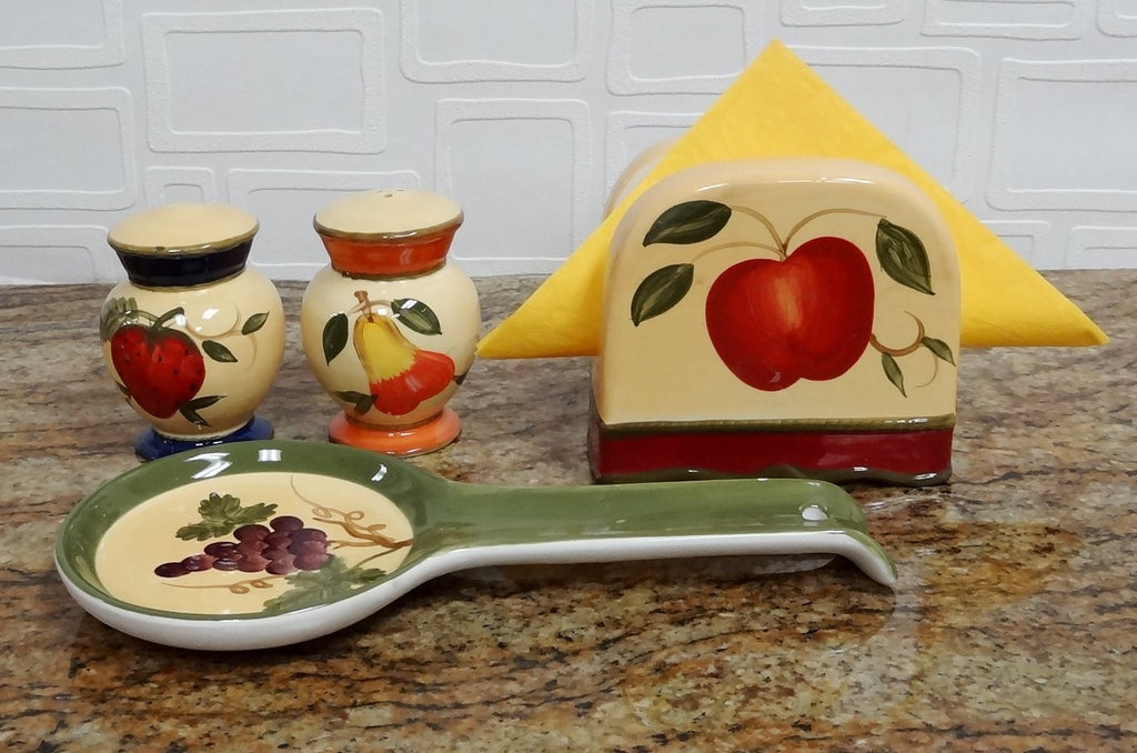 ACK Hand Painted Ceramic Pepper/Salt Shakers,Napkin Holder and Spoon Rest, Kitchen Décor, Table Top set