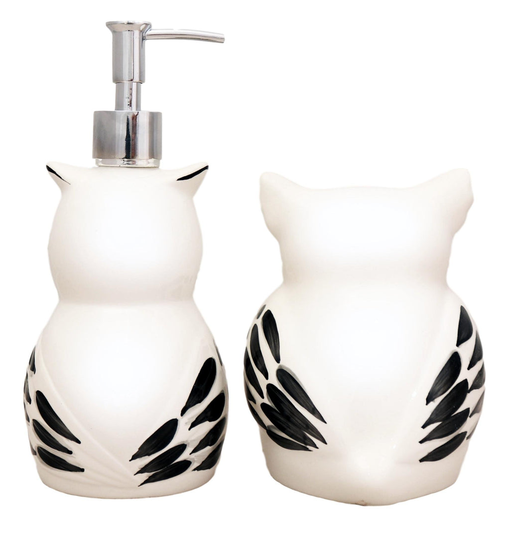 ACK Tuscany Cute Black and White Owl, Ceramic Scouring Brillo Pad Holder and Soap Dispenser Set, 81688/89