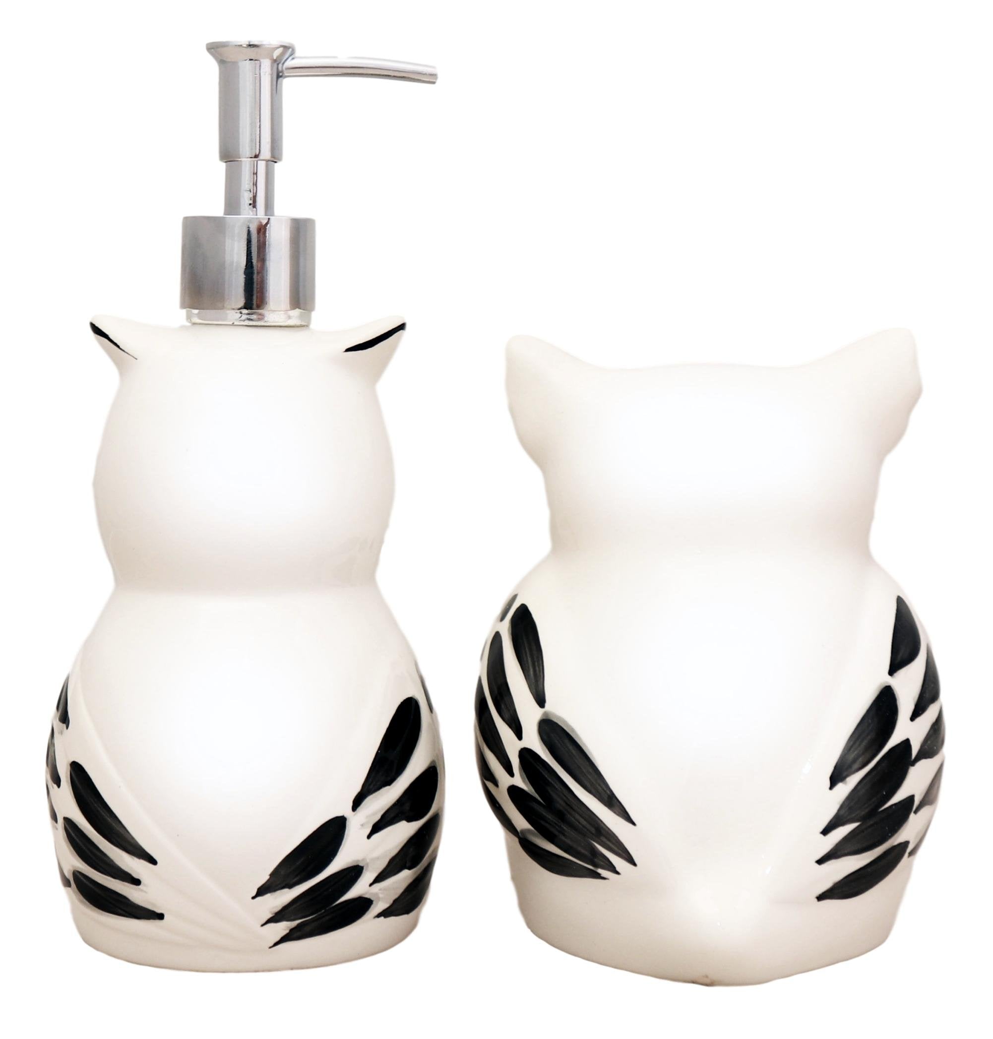 ACK Tuscany Cute Black and White Owl, Ceramic Scouring Brillo Pad Holder and Soap Dispenser Set, 81688/89