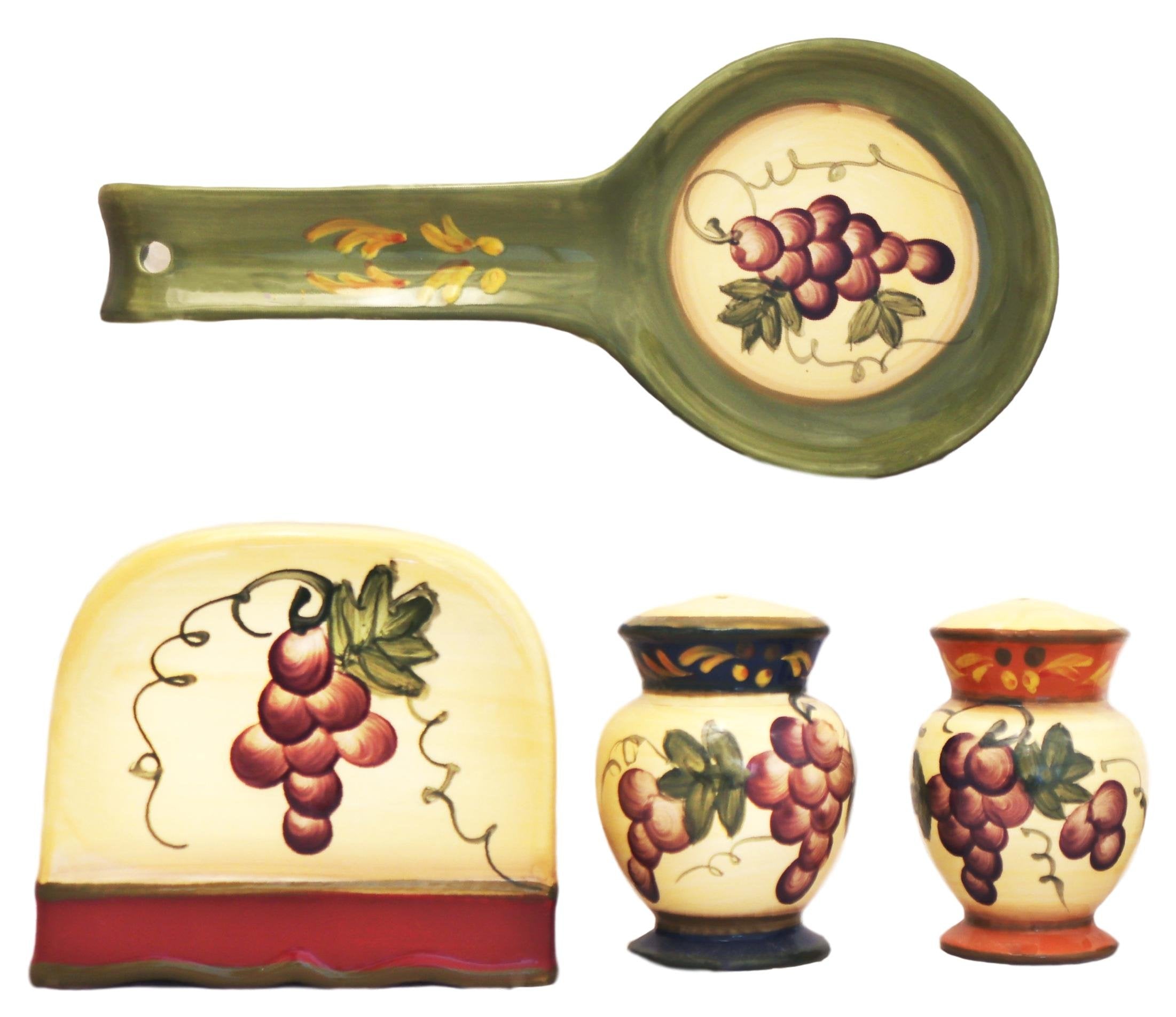 ACK Hand Painted Ceramic Pepper/Salt Shakers,Napkin Holder and Spoon Rest, Kitchen Décor, Table Top set
