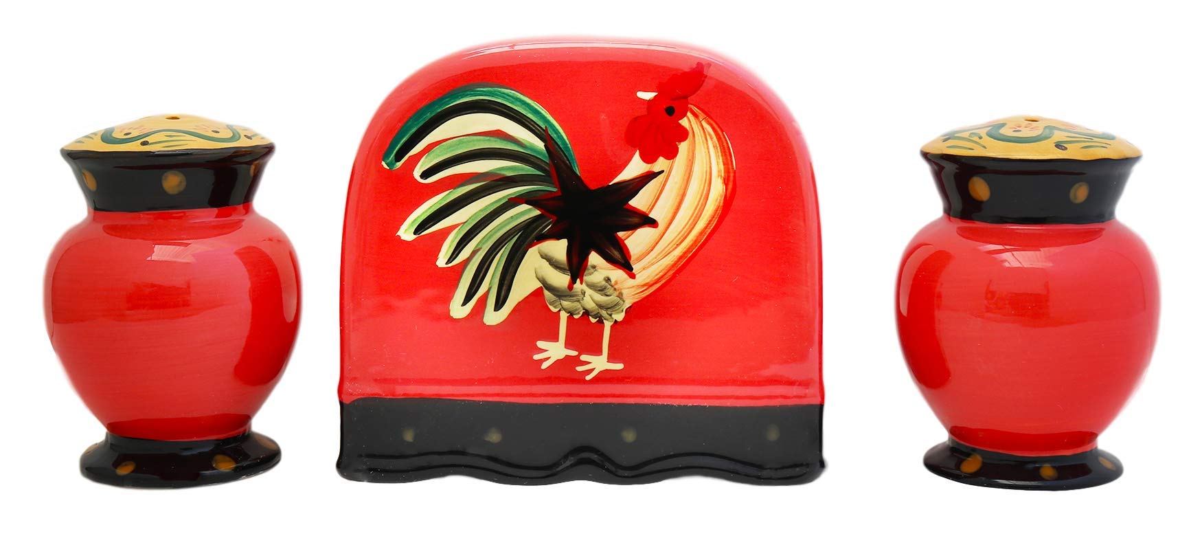 ACK Ceramic Hand Painted Salt and Pepper Shaker with Napkin holder (Red Rooster), Kitchen Décor