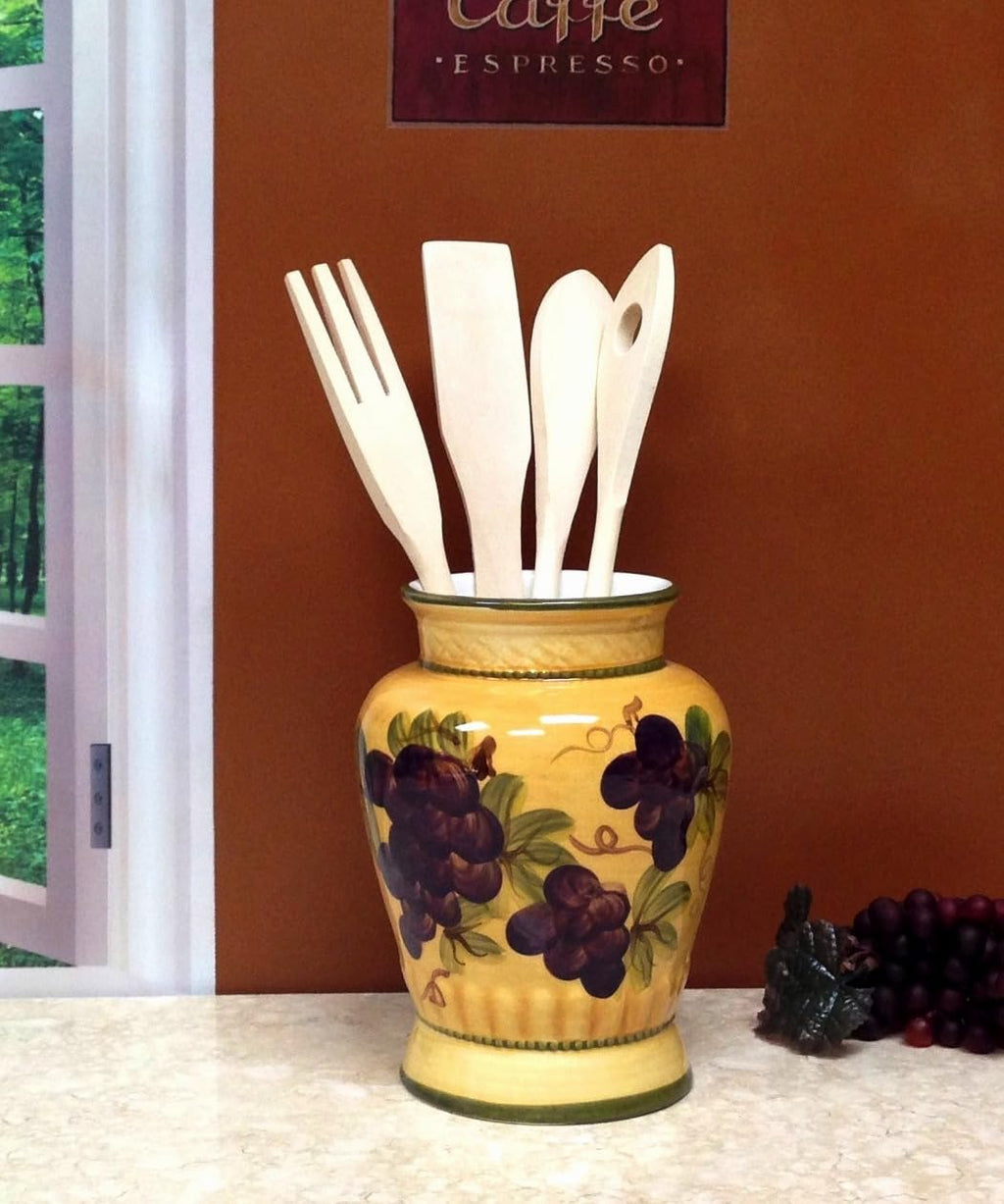 ACK Ceramic Hand Painted Tuscany Grape Decor Utensil Holder, Utensil Crock, Modern Kitchen Decor, Kitchen Storage with Tools