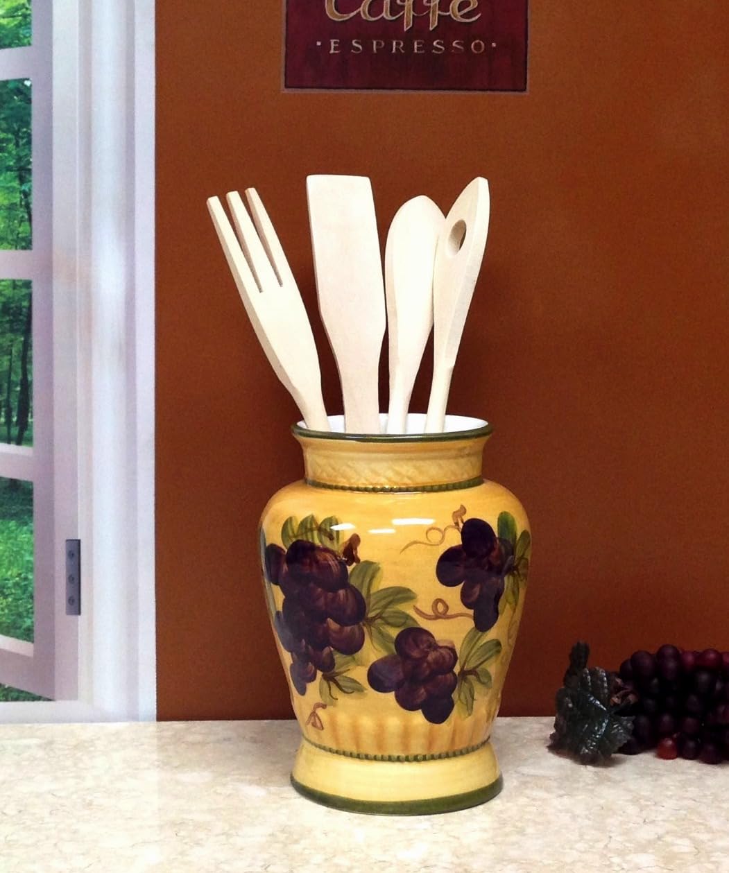 ACK Ceramic Hand Painted Tuscany Grape Decor Utensil Holder, Utensil Crock, Modern Kitchen Decor, Kitchen Storage with Tools