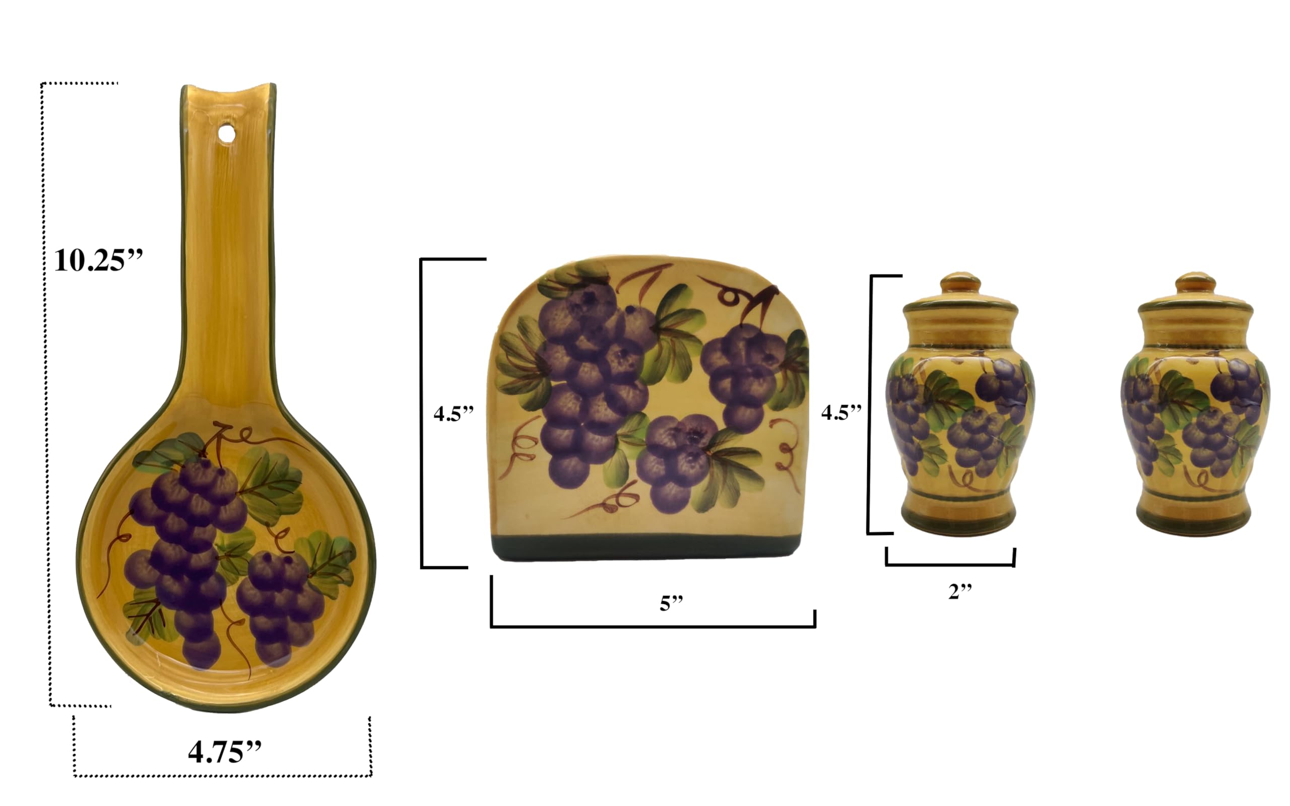 ACK Hand Painted Ceramic Pepper/Salt Shakers,Napkin Holder and Spoon Rest, Kitchen Décor, Table Top set