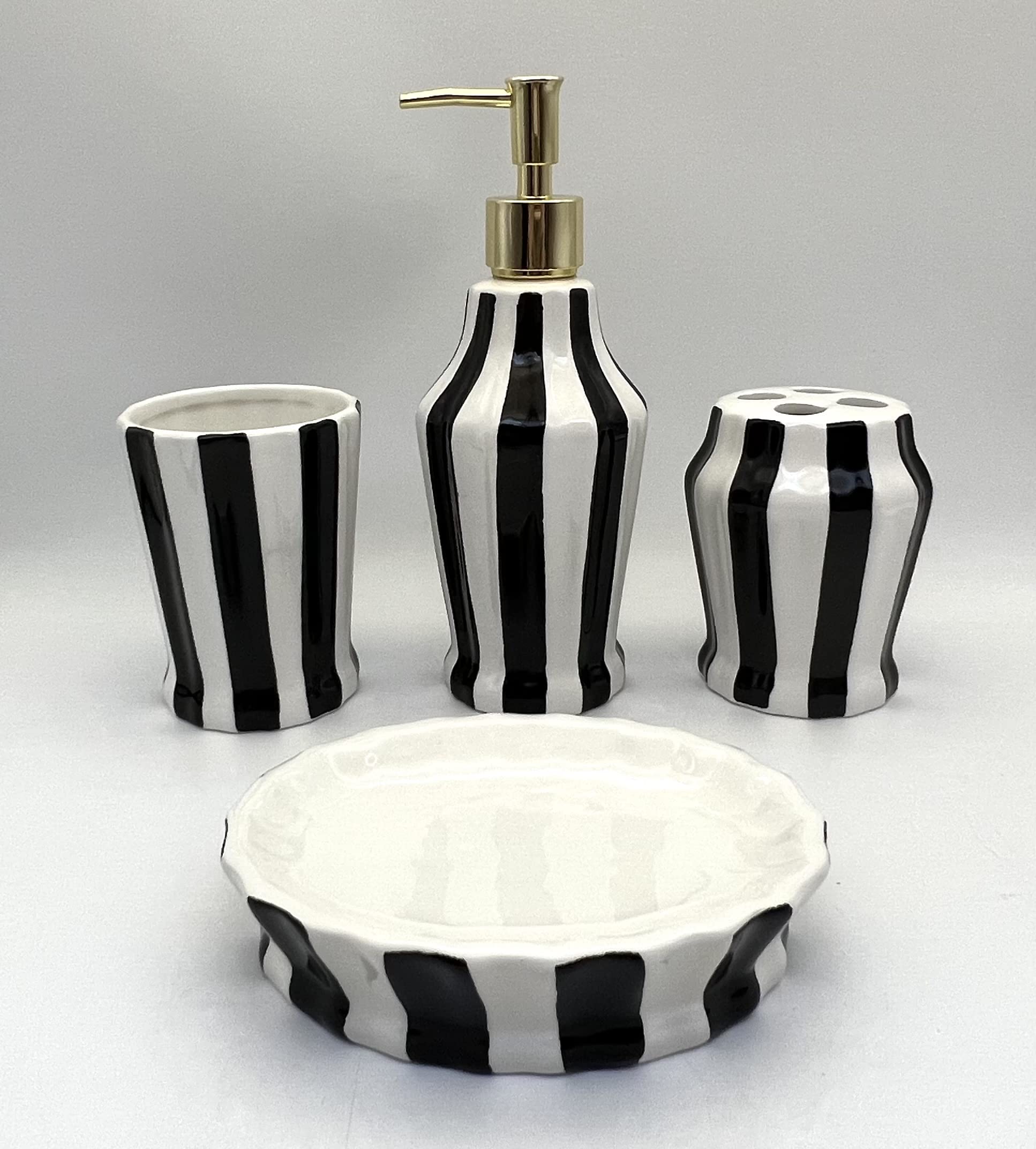 ACK Tuscany Embossed Hand Painted Ceramic, 4-Piece Bathroom Accessories, Soap Dispenser, Toothbrush Holder, Toothbrush Cup, Soap Dish