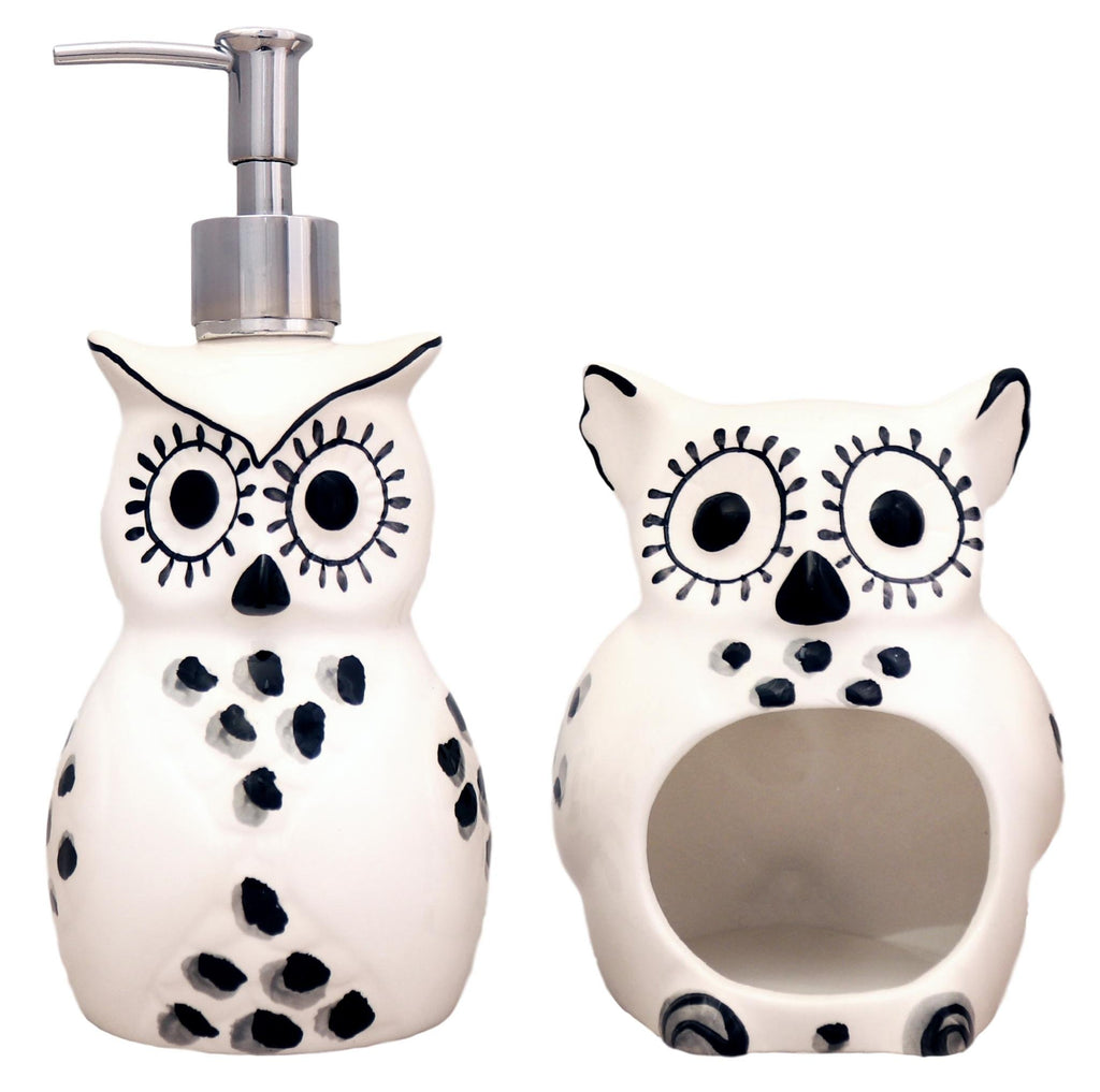 ACK Tuscany Cute Black and White Owl, Ceramic Scouring Brillo Pad Holder and Soap Dispenser Set, 81688/89