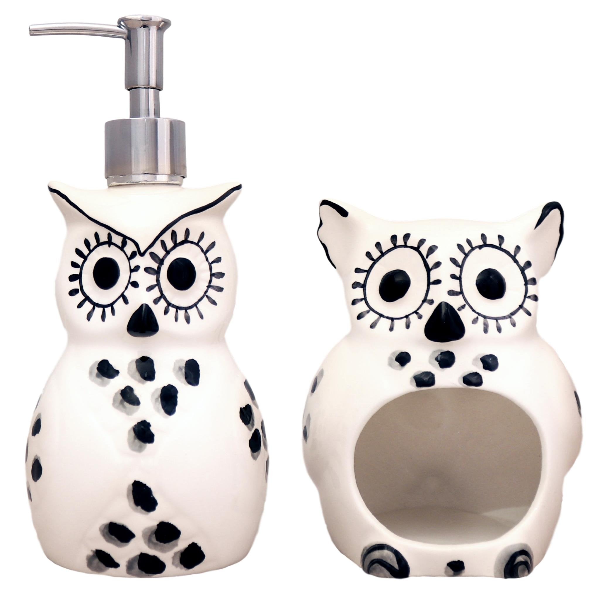 ACK Tuscany Cute Black and White Owl, Ceramic Scouring Brillo Pad Holder and Soap Dispenser Set, 81688/89