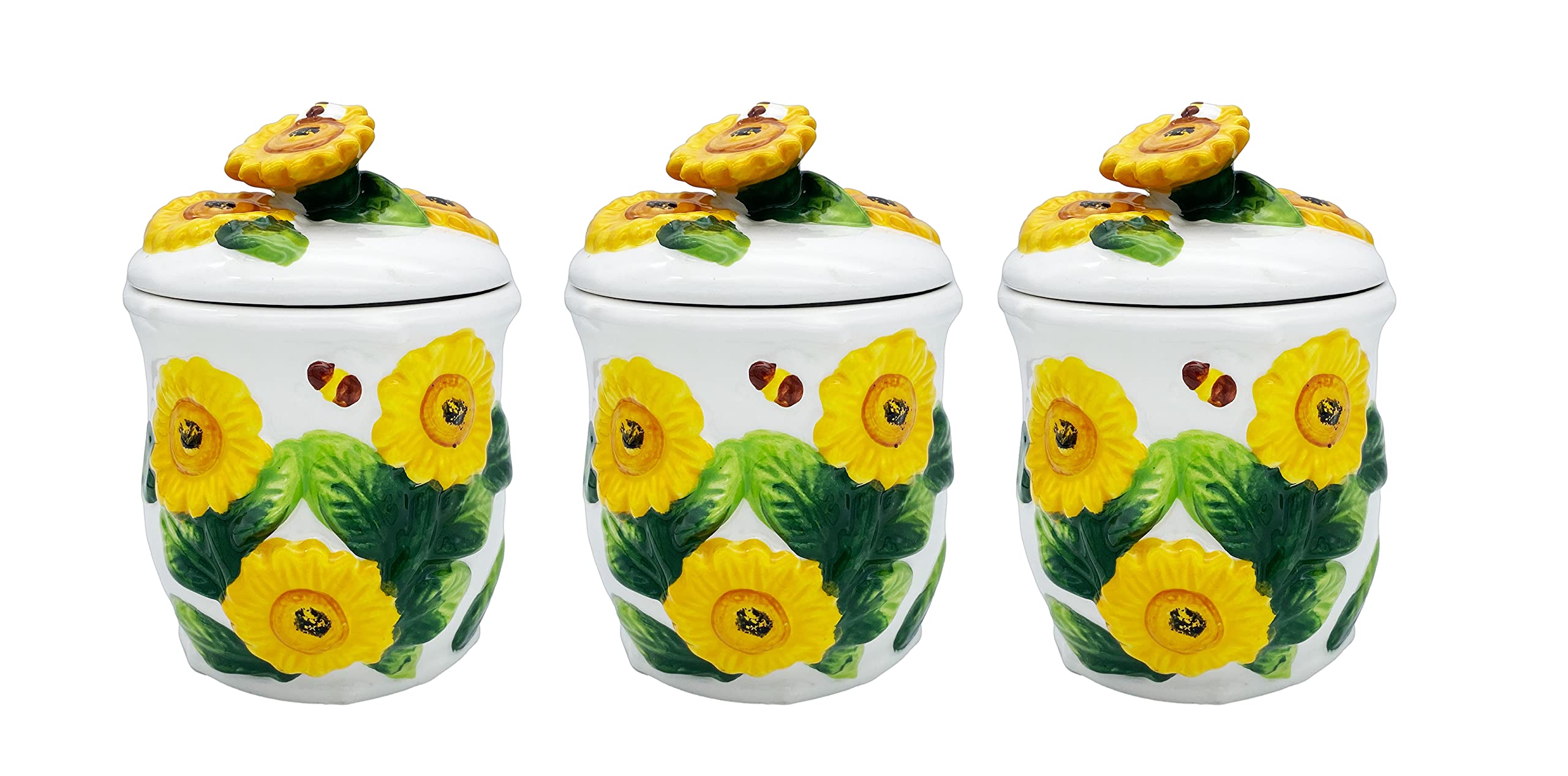 ACK 3PC Hand Painted Ceramic Canister, Kitchen Storage Jar, Food Storage Container, Airtight Storage Container With Rubber Seal for Coffee, Tea, Sugar, Flour