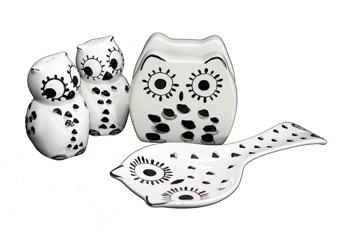 ACK Tuscany Cute Black and White Owl, Ceramic 4pc Stove Top Set, 81625/28