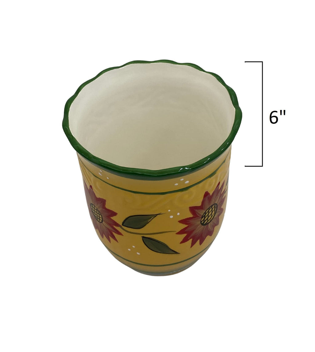 ACK Country Sunflower Hand Painted Ceramic Utensil Jar, Utensil Holder, Utensil Crock, Modern Kitchen Decor, Kitchen Storage for for Spoon, Ladle, Spatula and More