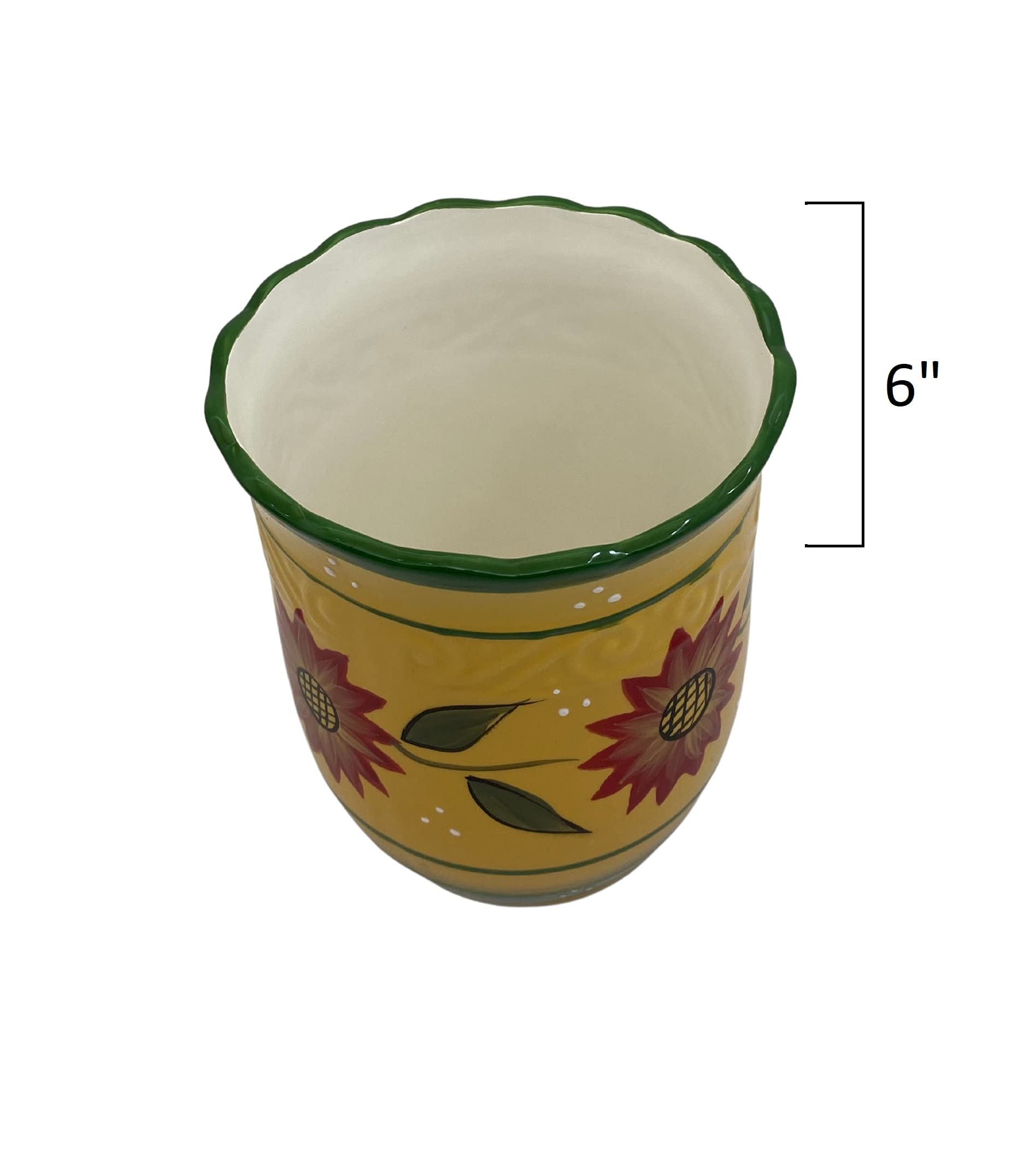 ACK Country Sunflower Hand Painted Ceramic Utensil Jar, Utensil Holder, Utensil Crock, Modern Kitchen Decor, Kitchen Storage for for Spoon, Ladle, Spatula and More