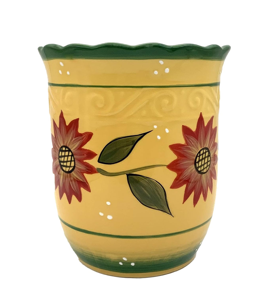 ACK Country Sunflower Hand Painted Ceramic Utensil Jar, Utensil Holder, Utensil Crock, Modern Kitchen Decor, Kitchen Storage for for Spoon, Ladle, Spatula and More