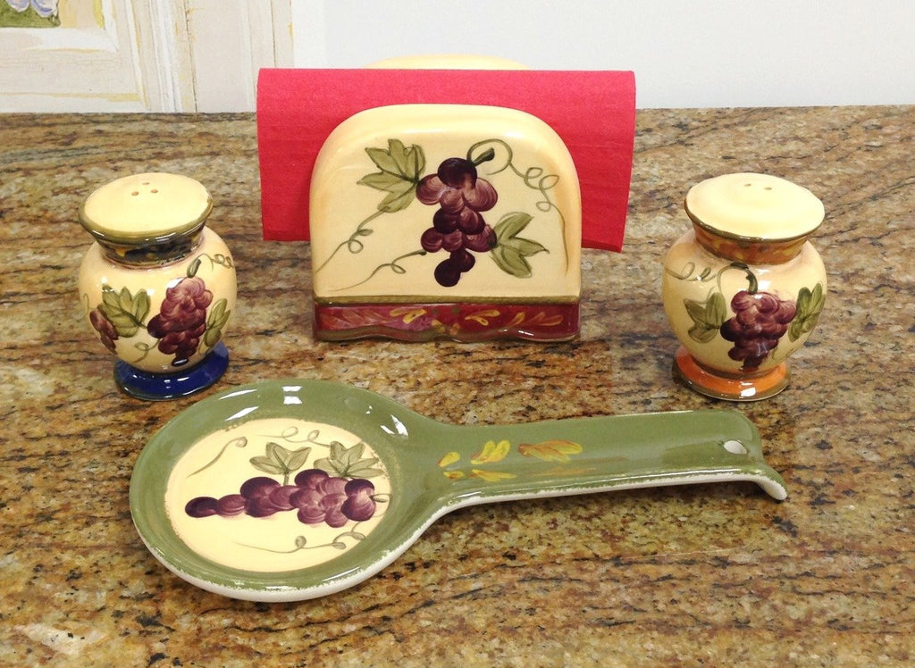 ACK Hand Painted Ceramic Pepper/Salt Shakers,Napkin Holder and Spoon Rest, Kitchen Décor, Table Top set