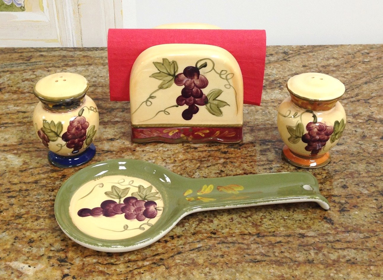ACK Hand Painted Ceramic Pepper/Salt Shakers,Napkin Holder and Spoon Rest, Kitchen Décor, Table Top set
