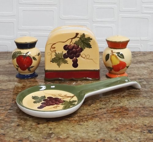 ACK Hand Painted Ceramic Pepper/Salt Shakers,Napkin Holder and Spoon Rest, Kitchen Décor, Table Top set