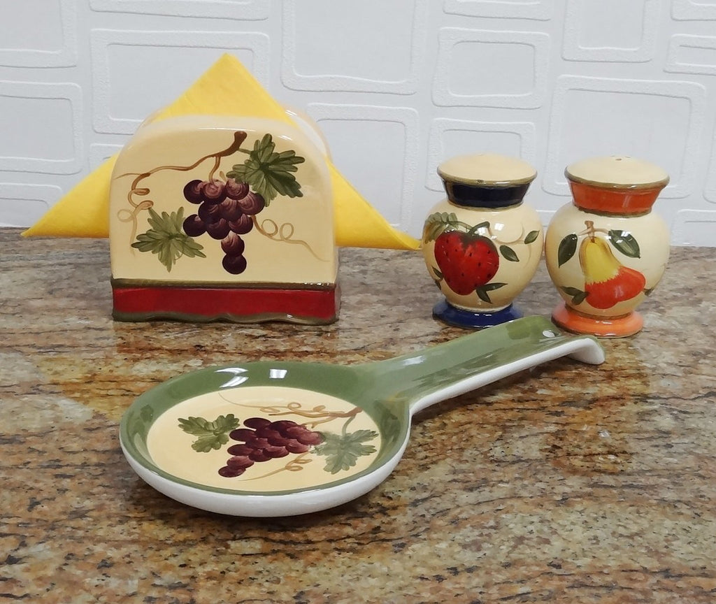 ACK Hand Painted Ceramic Pepper/Salt Shakers,Napkin Holder and Spoon Rest, Kitchen Décor, Table Top set