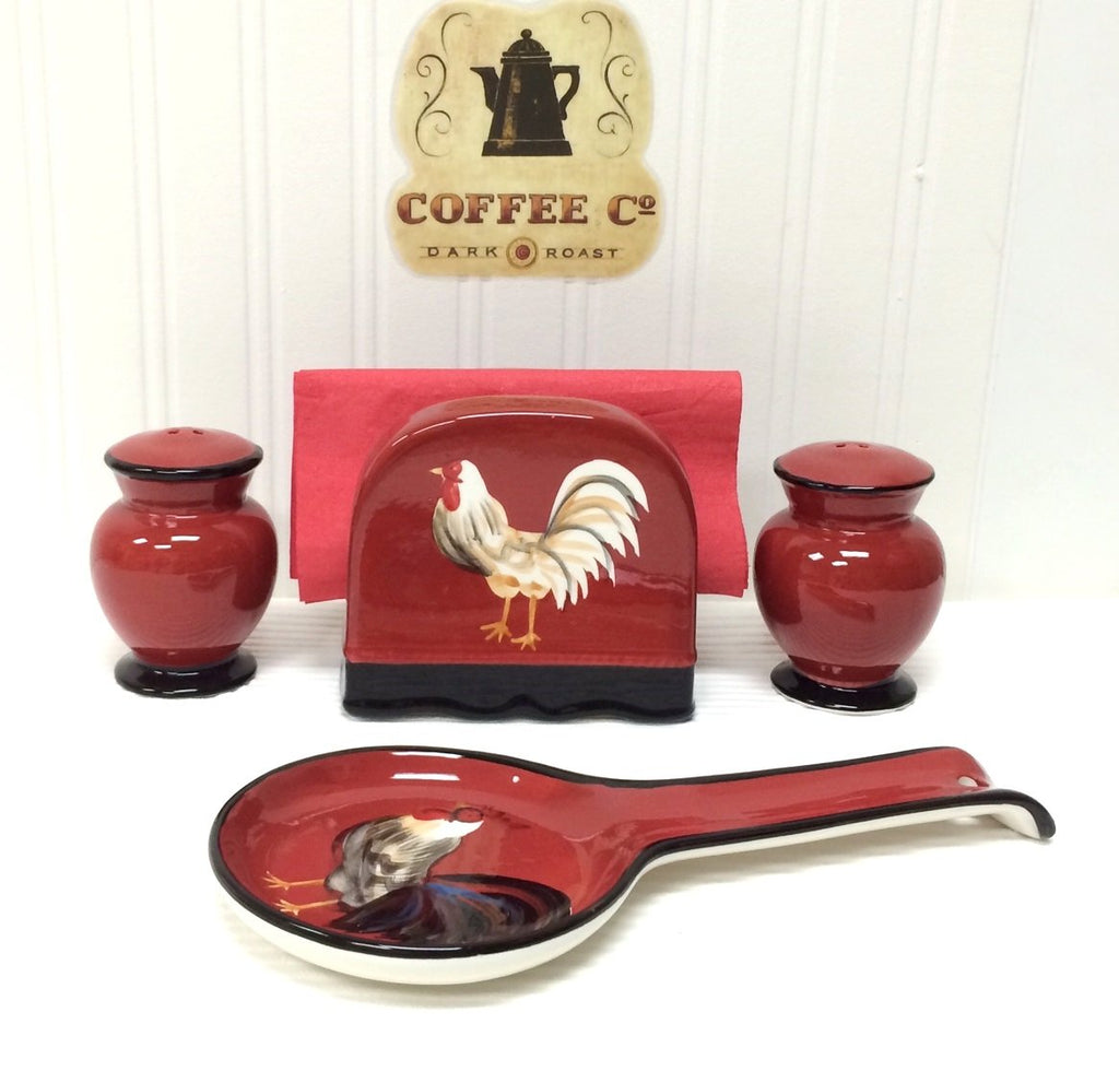 ACK Hand Painted Ceramic Pepper/Salt Shakers,Napkin Holder and Spoon Rest, Kitchen Décor, Table Top set