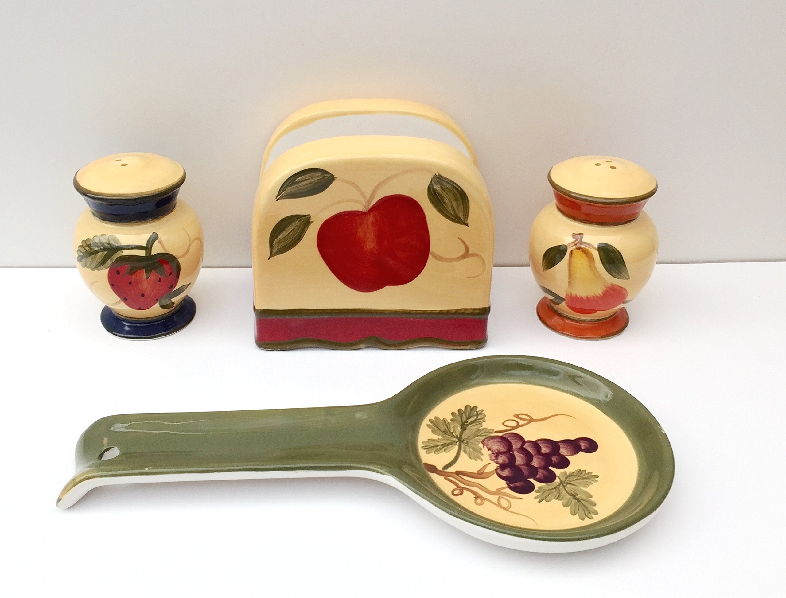 ACK Hand Painted Ceramic Pepper/Salt Shakers,Napkin Holder and Spoon Rest, Kitchen Décor, Table Top set