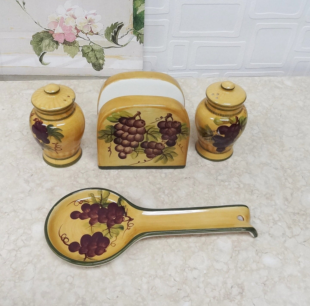 ACK Hand Painted Ceramic Pepper/Salt Shakers,Napkin Holder and Spoon Rest, Kitchen Décor, Table Top set