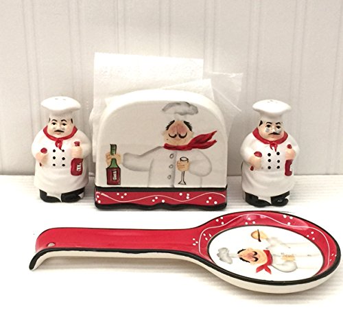 ACK Hand Painted Ceramic Pepper/Salt Shakers,Napkin Holder and Spoon Rest, Kitchen Décor, Table Top set